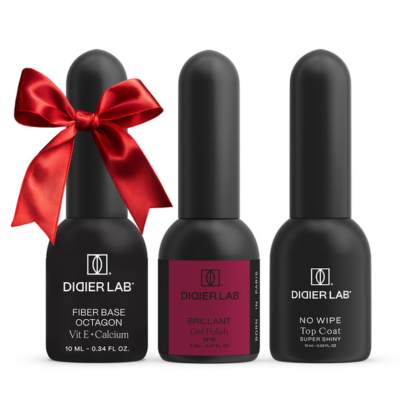 Festliches Red Sparkle Trio – Octagon Base, Brillant No 9, Super Shiny Top Coat, Didier Lab