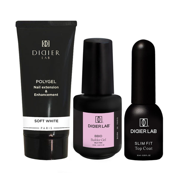 Maniküre-Set für Soft White Nails mit Polygel Soft White, BIAB Milky Pink, Top Coat Slim Fit, Didier Lab